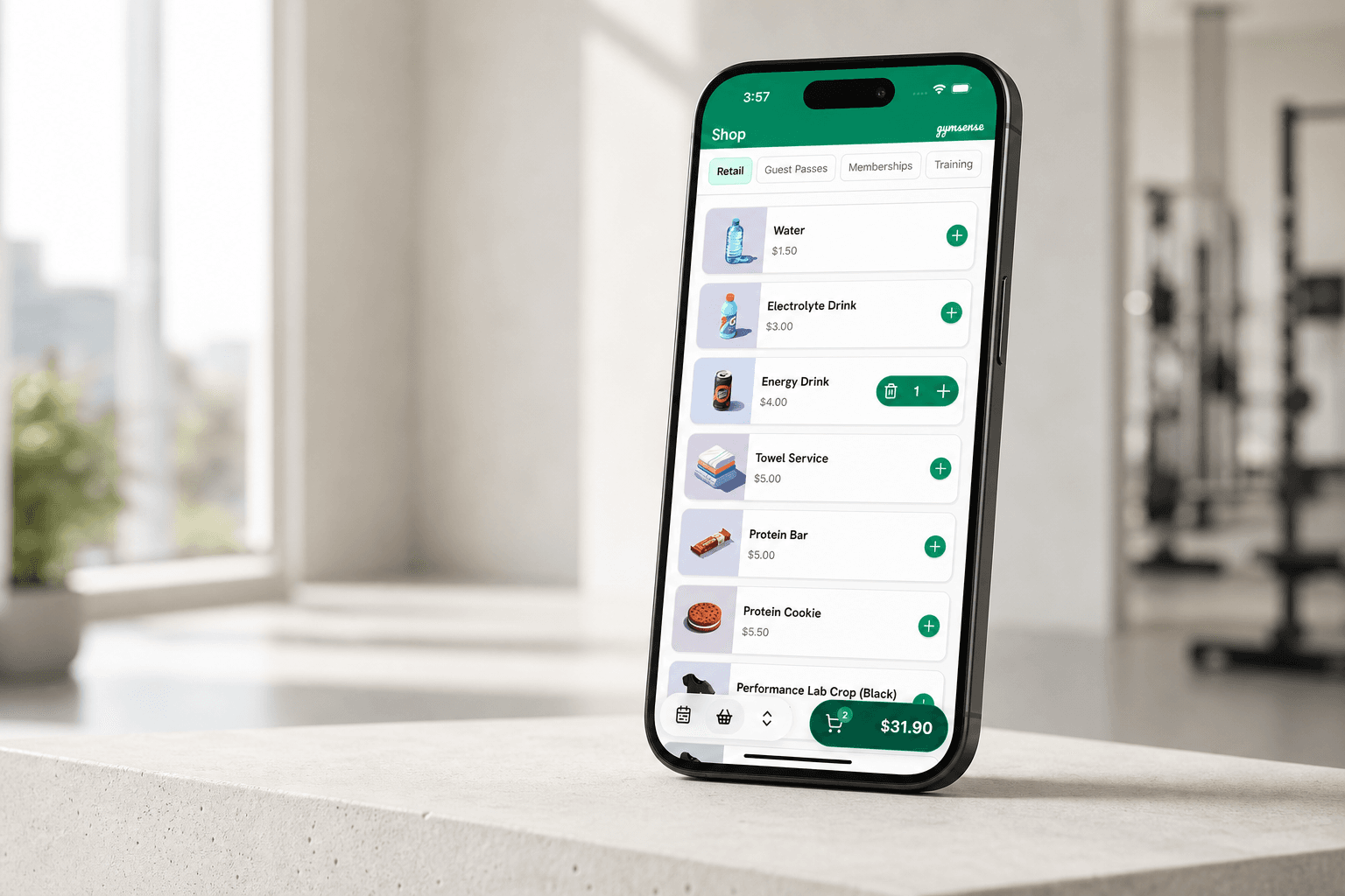 The Gymsense Pro app shop screen on a phone at the gym