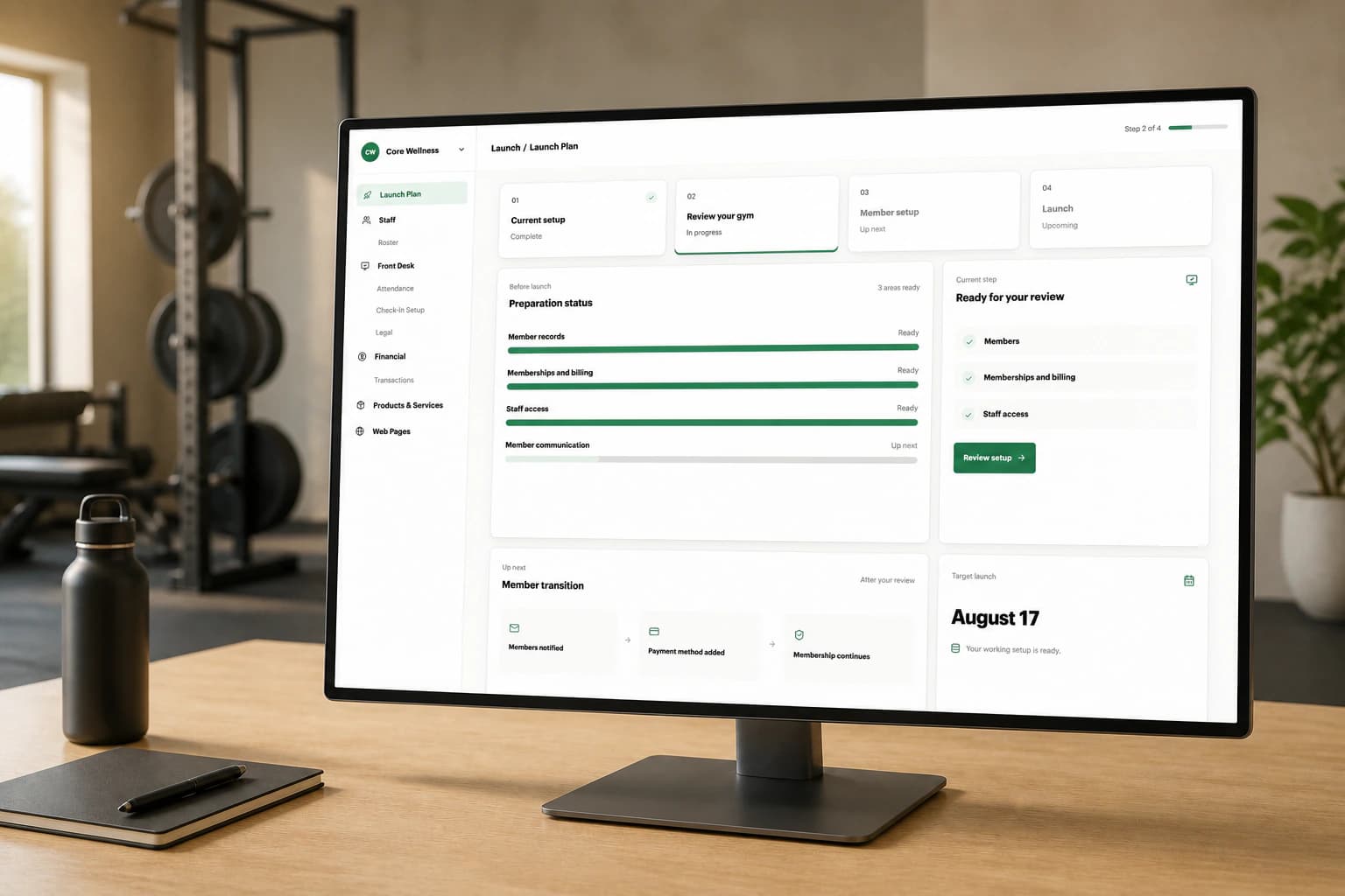 Gymsense Launch Plan displayed on a desktop monitor in a gym office