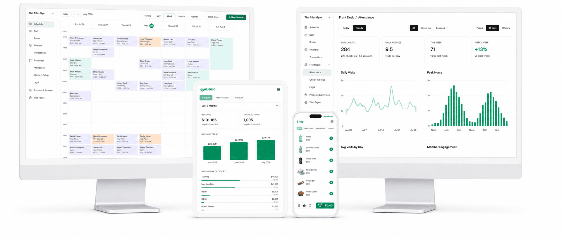 Gymsense schedule, attendance, financials and shop tools across desktop, tablet and mobile