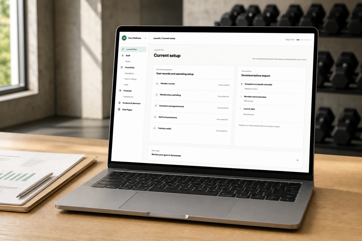 Gymsense Current setup screen showing the records being prepared and the decisions awaiting owner approval