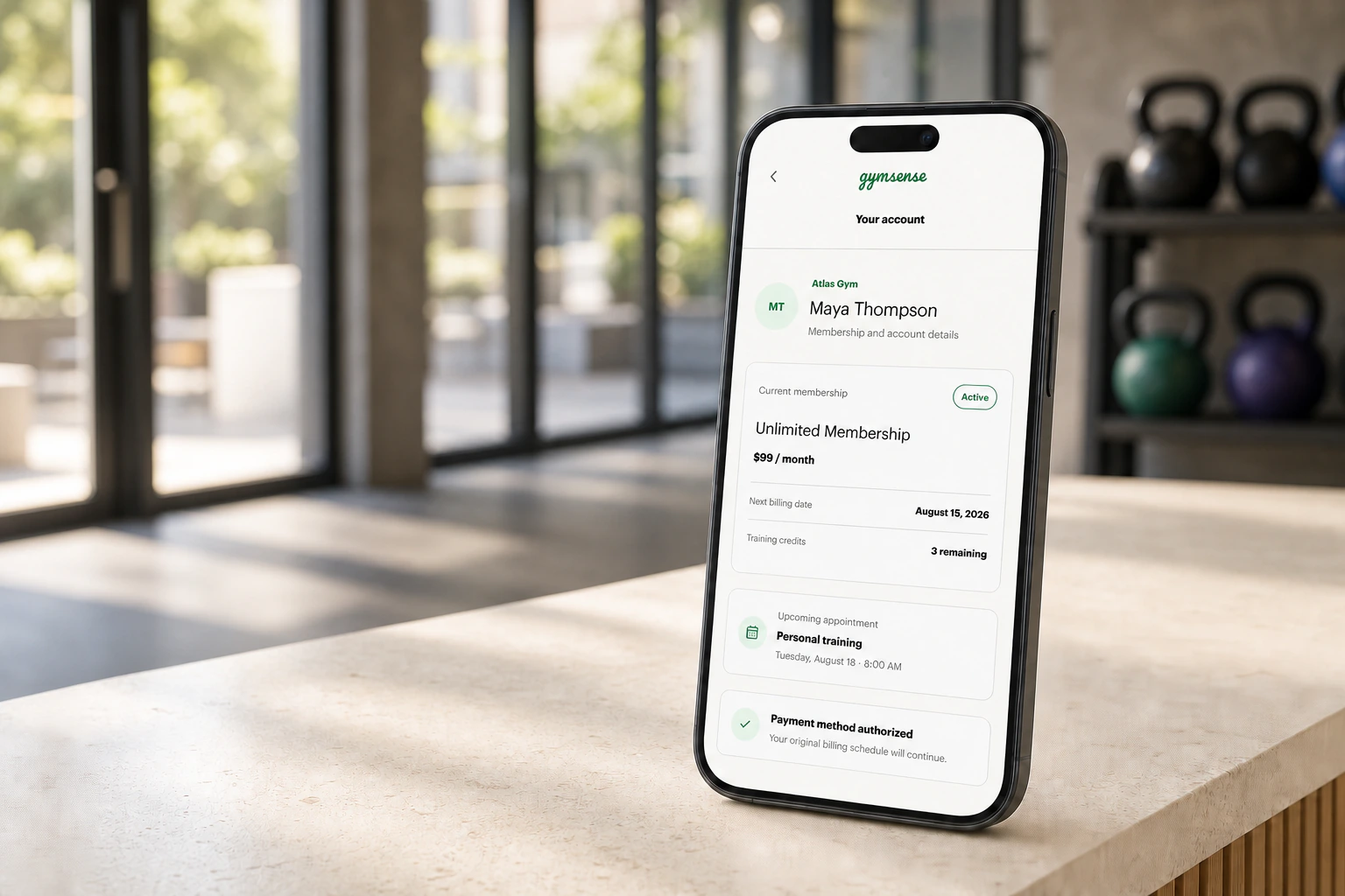 A member's prepared Gymsense account showing their membership, billing date, training credits, appointment, and authorized payment method