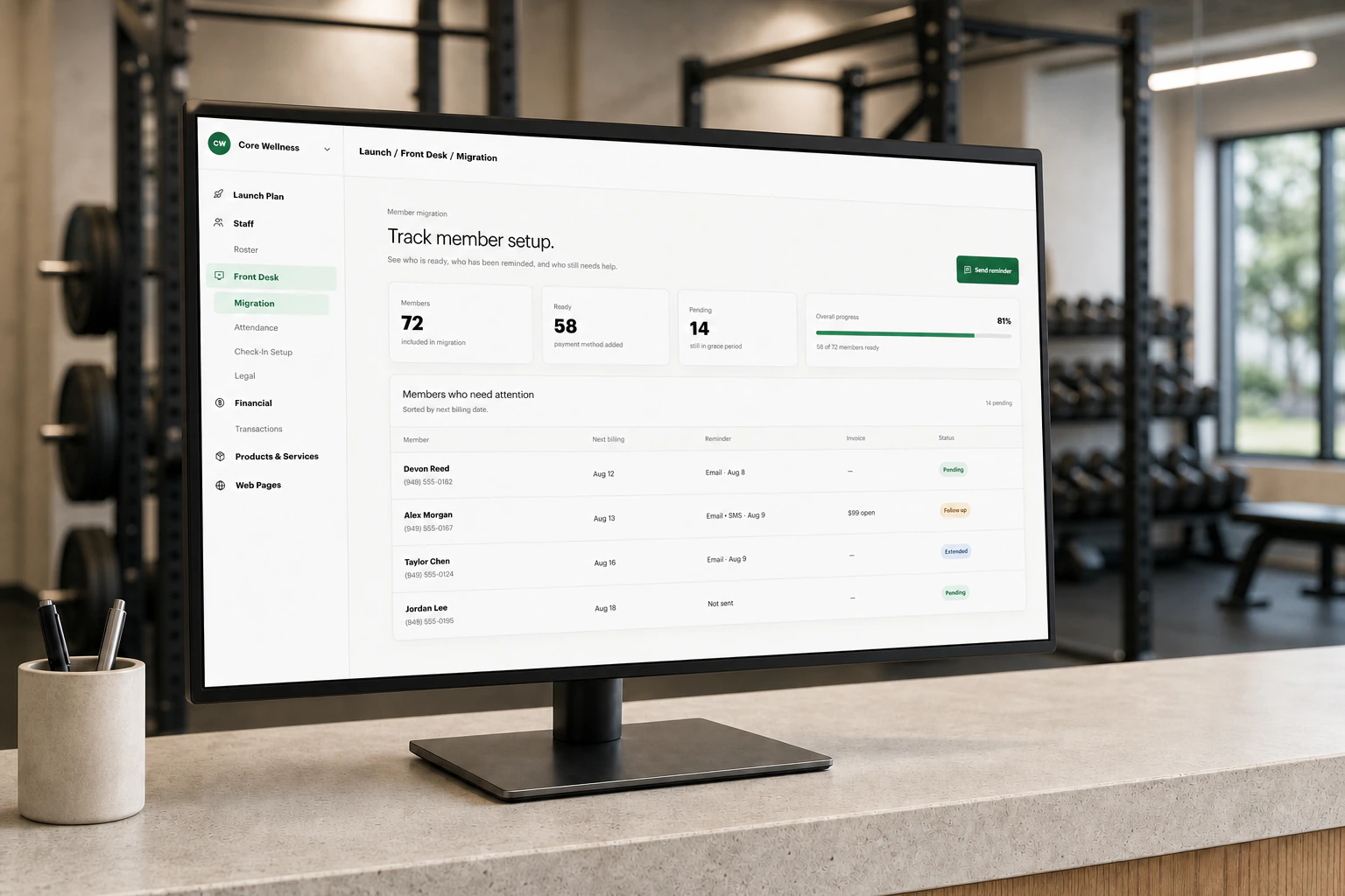 The Gymsense member migration dashboard showing completion, reminders, invoices, and members who need attention