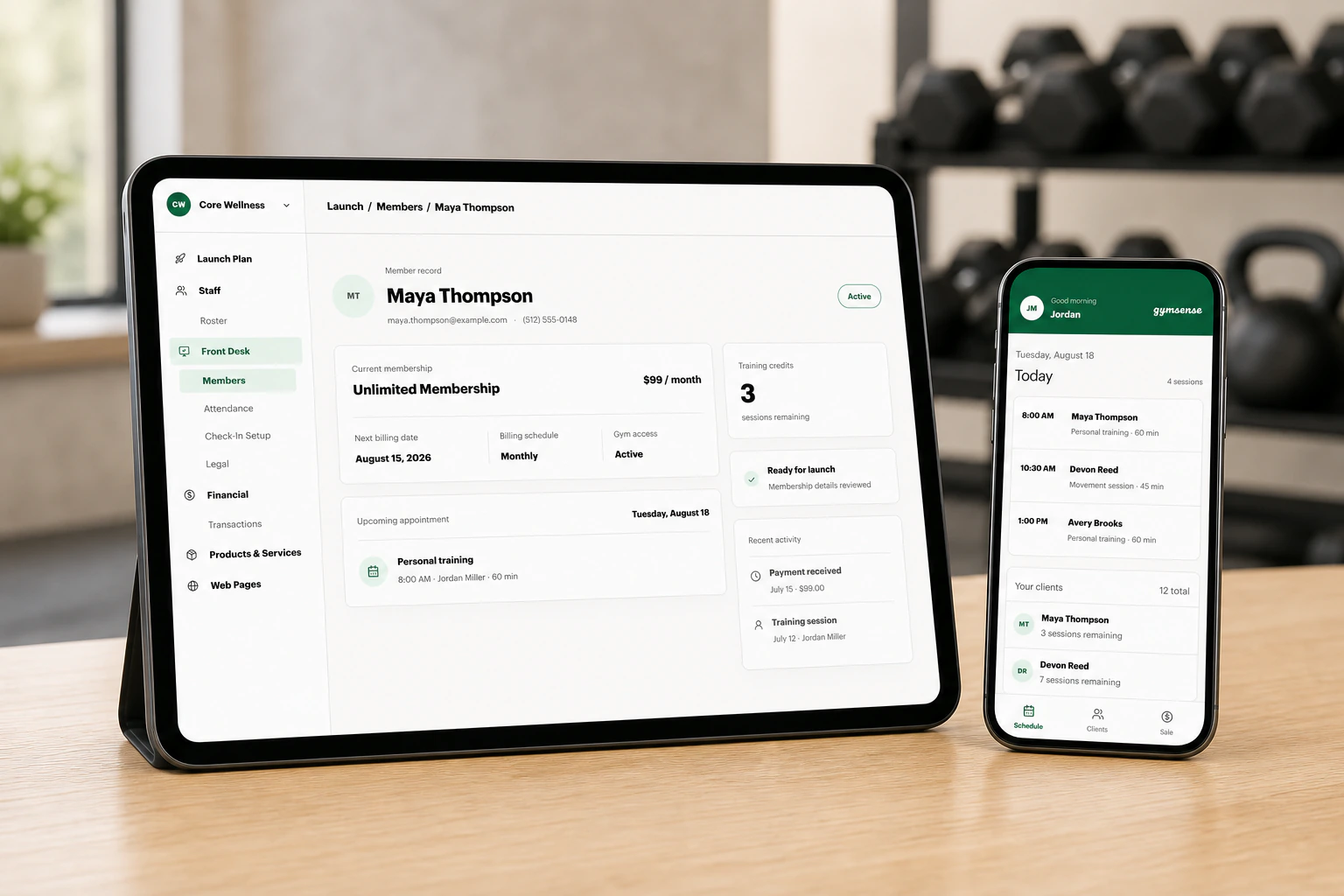 A Gymsense member record on a tablet beside the Business app showing the trainer's schedule and clients